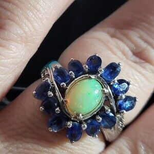 Ethiopian Welo Opal Kyanite Halo Style Marquise Ring Sterling Silver